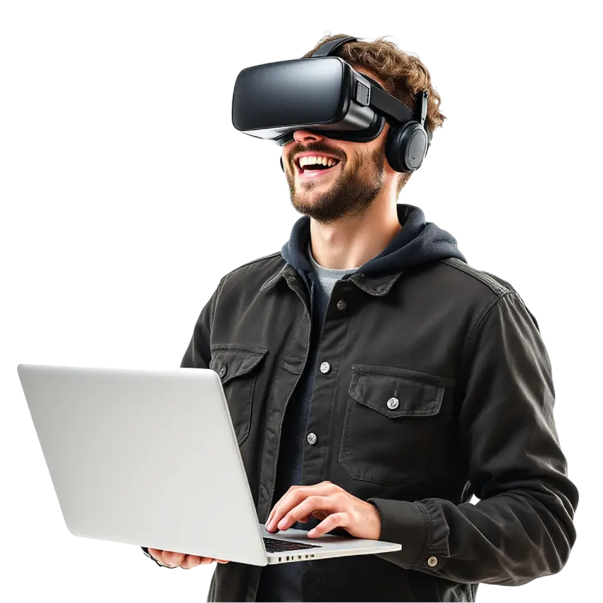 Person with VR headset and laptop