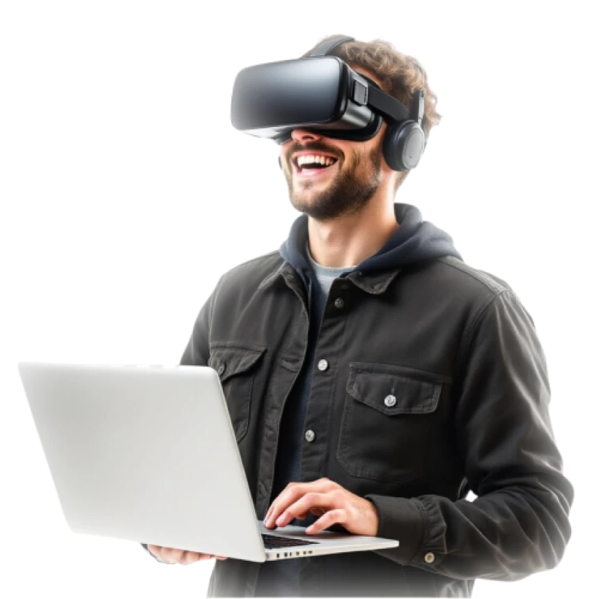 Person with VR headset and laptop