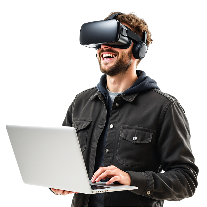 Person with VR headset and laptop